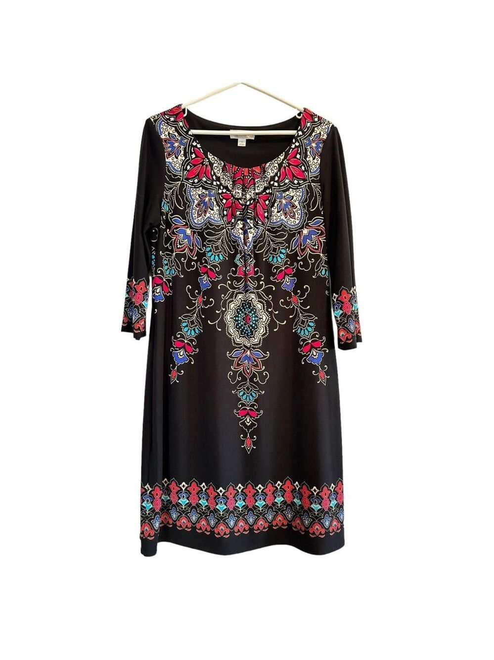 Dress Barn Multicolored Floral Summer Dress Womens 12 Black 3/4 Sleeves Scoop